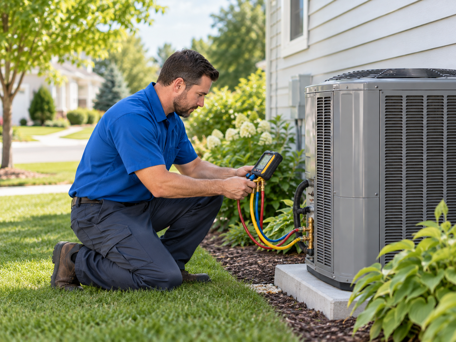 HVAC technician inspecting an outdoor air conditioning unit.